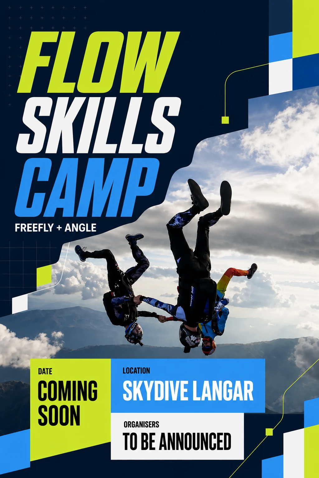 FLOW Skills Camp event artwork in lime green, sky blue and deep navy